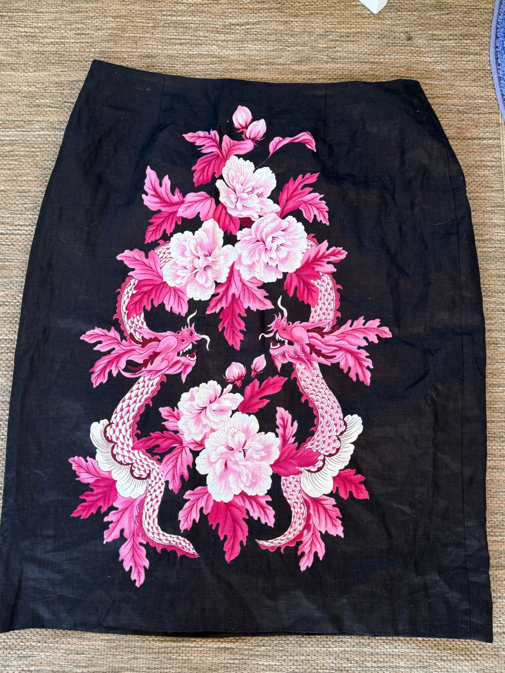 Black 100% Linen Skirt with Pink Floral & Dragon Embroidery Sz 14‎